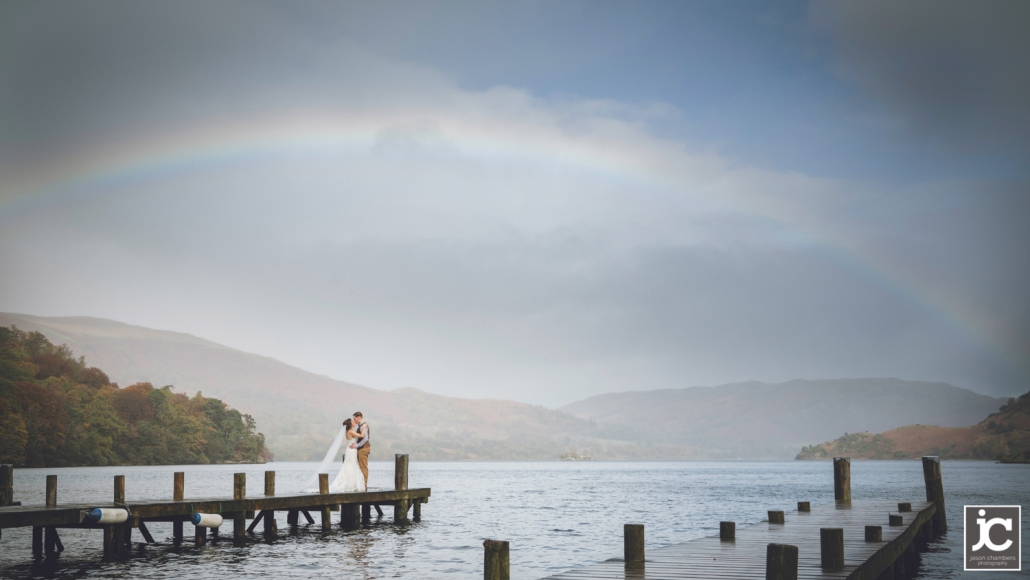 Bride and Groom with Ullswater lake and a rainbow