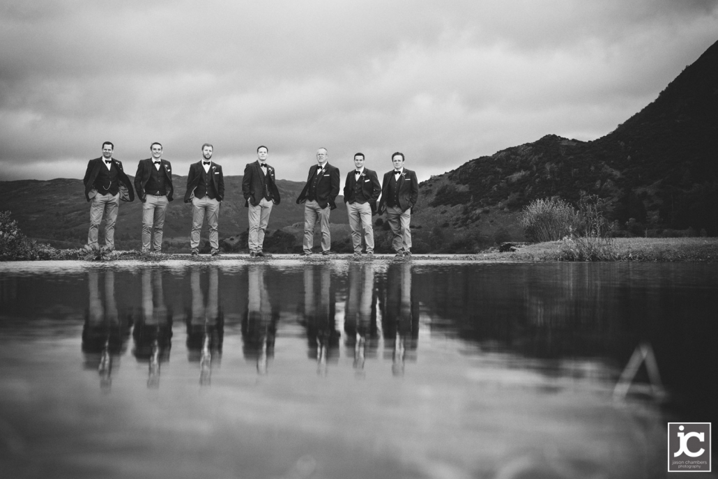 Reflection photograph of the Groom and Groomsmen