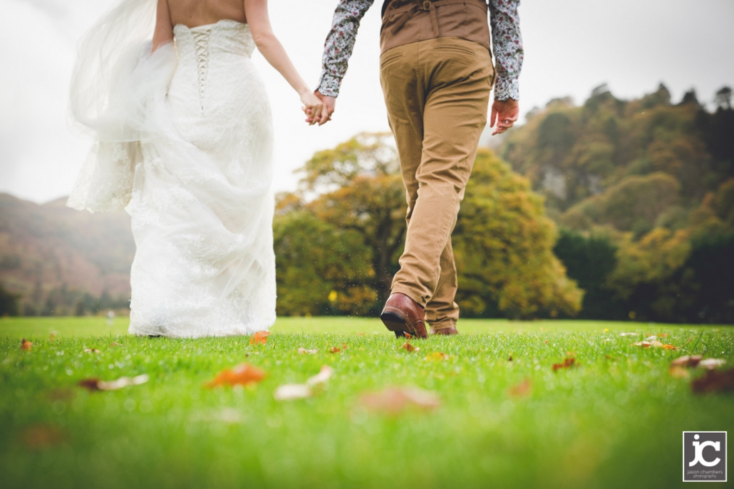 Bride and Groom walking in Autumn